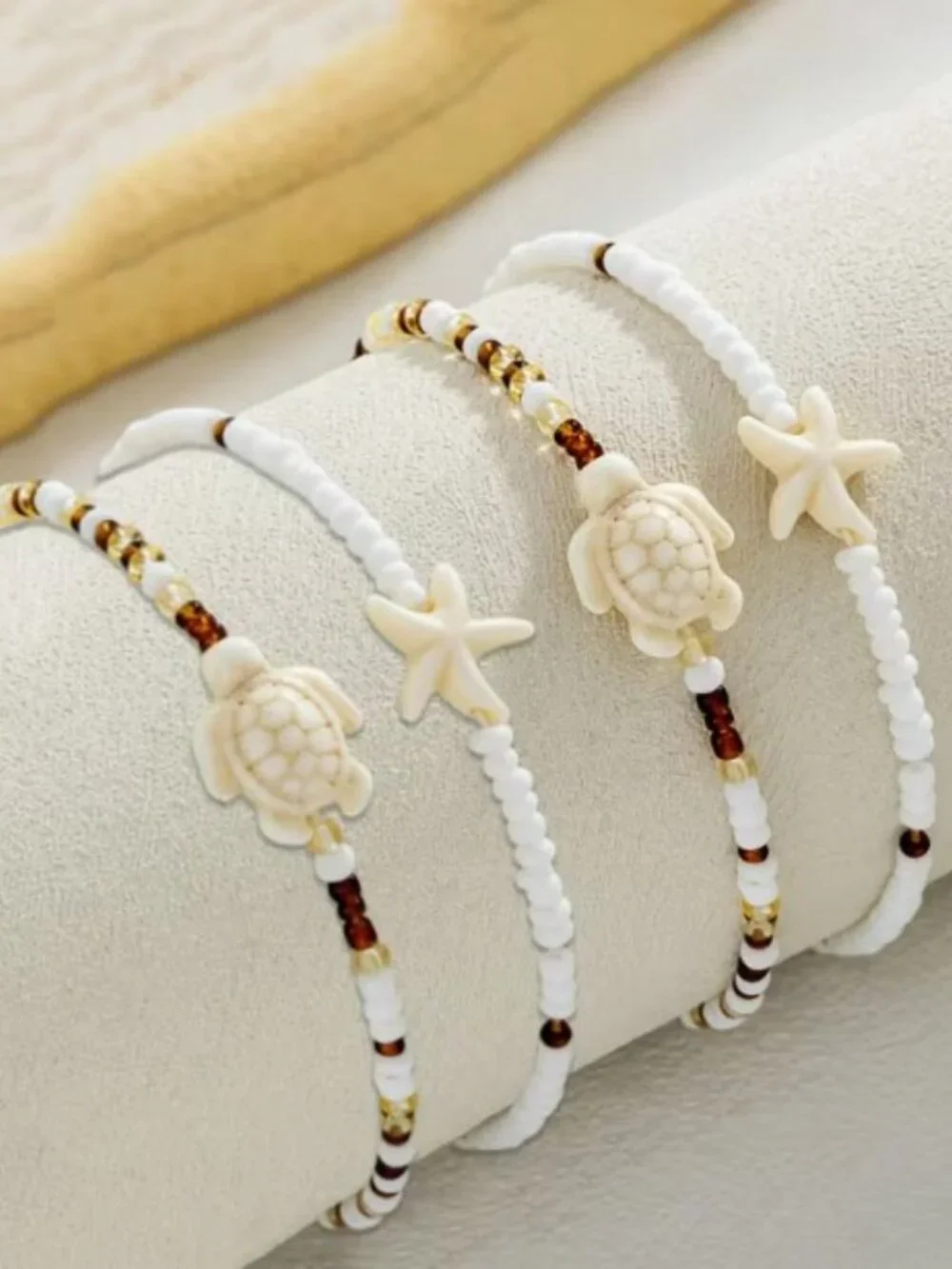4pcs Beach Glass Rice Bead Anklet Chains Stacked Starfish and Sea Turtle